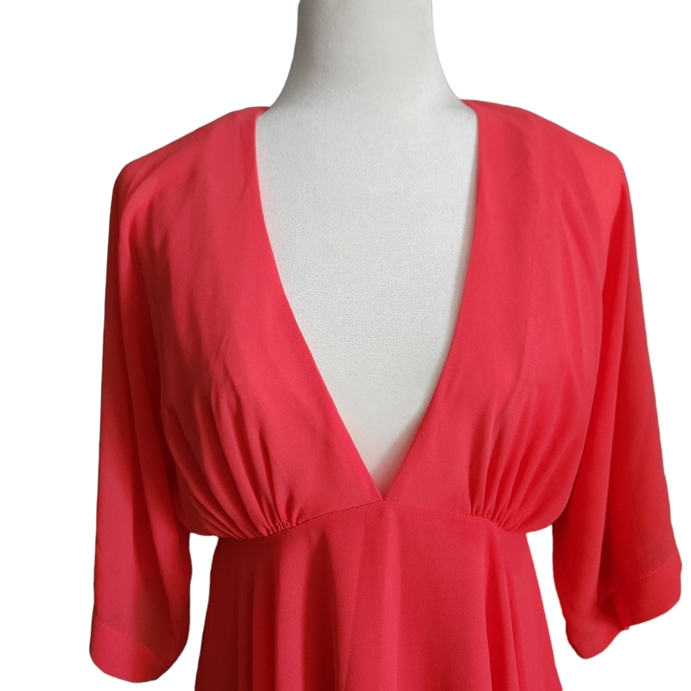 Forever 21 Front Deep V Flutter Sleeve Flowy Summer Dress Bright Coral Size L - Picture 6 of 16